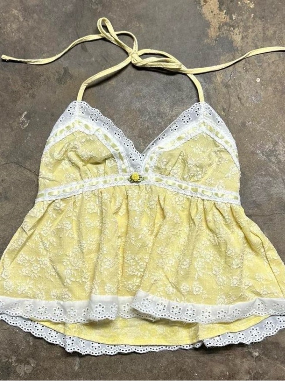 Y2K Yellow Floral Lace-Trim Babydoll Halter Top